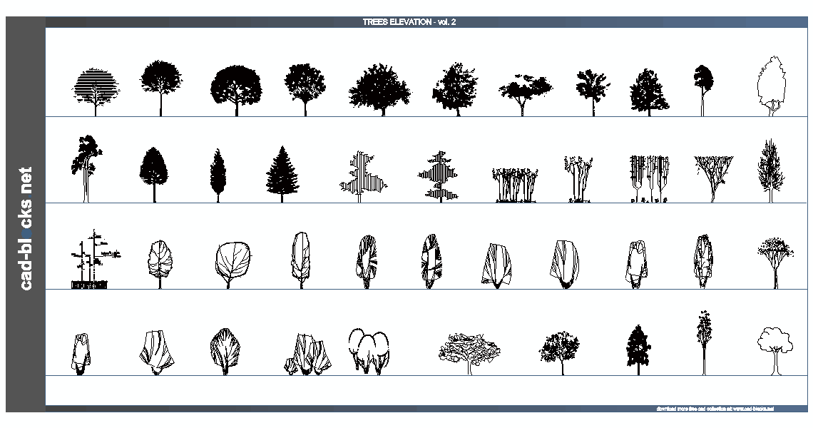 Vegetation CAD Blocks trees in elevation 2 view