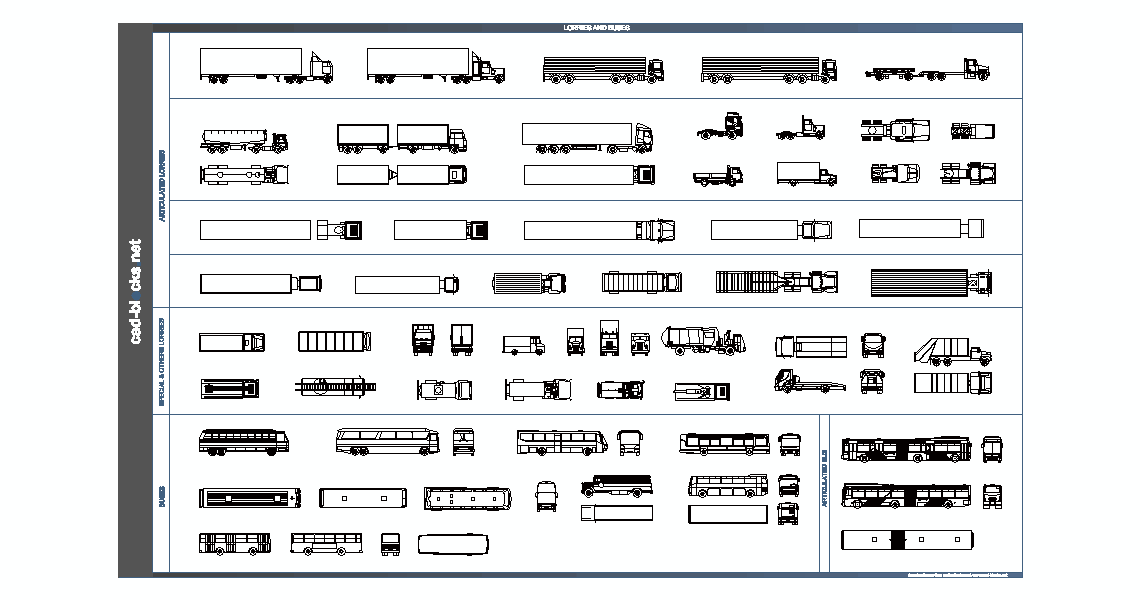 lorries and buses cad blocks in plan and elevation view