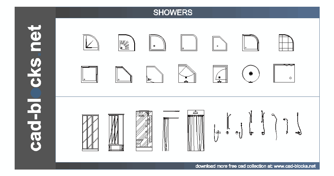 showers and mixers in plan, frontal and side elevation view CAD Blocks